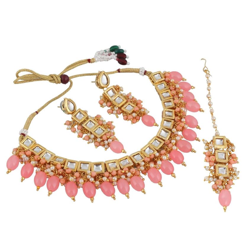 LUCKY JEWELLERY Back Meenakari 18k Gold Plated Peach Color Tika Earring Combo Uncut Big Faux Kundan Choker Necklace set view 5