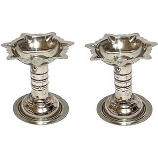 (Set of 2) Stainless Steel Diya Samai Deepak for Pooja, Silver Finish, Home Decor and Puja Gift