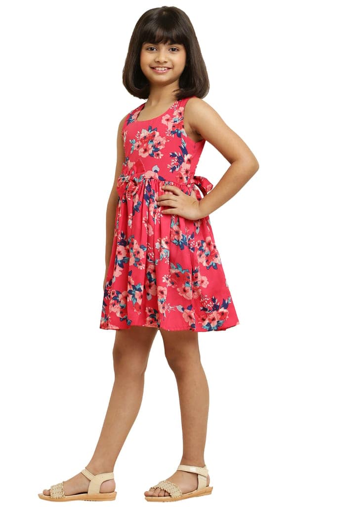 Stylish Pink Flower Printed Frock with Bow & for Girls. view 4