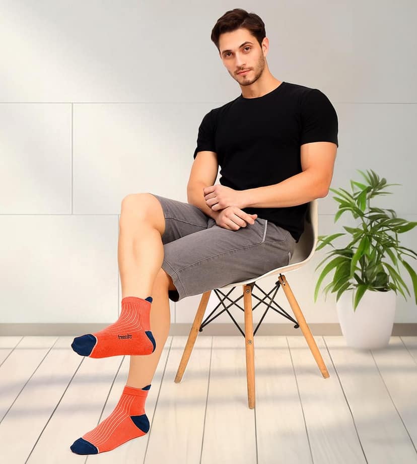 Freecultr Ankle Socks | Breathable Bamboo Fibre | Odour Resistant | Thermo Regulated | Moisture Wicking | Anti-Slip Y-Heel | Soft & Comfortable Sulphur Yellow, Falme Orange, Navy view 3