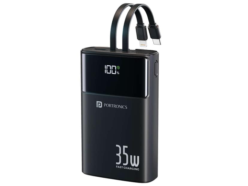 Portronics Titan 35 20000mAh Fast Charging Powerbank with in-Built Type C & 8 Pin Cable, 35W Super Fast Charging, Type C PD Output - Black