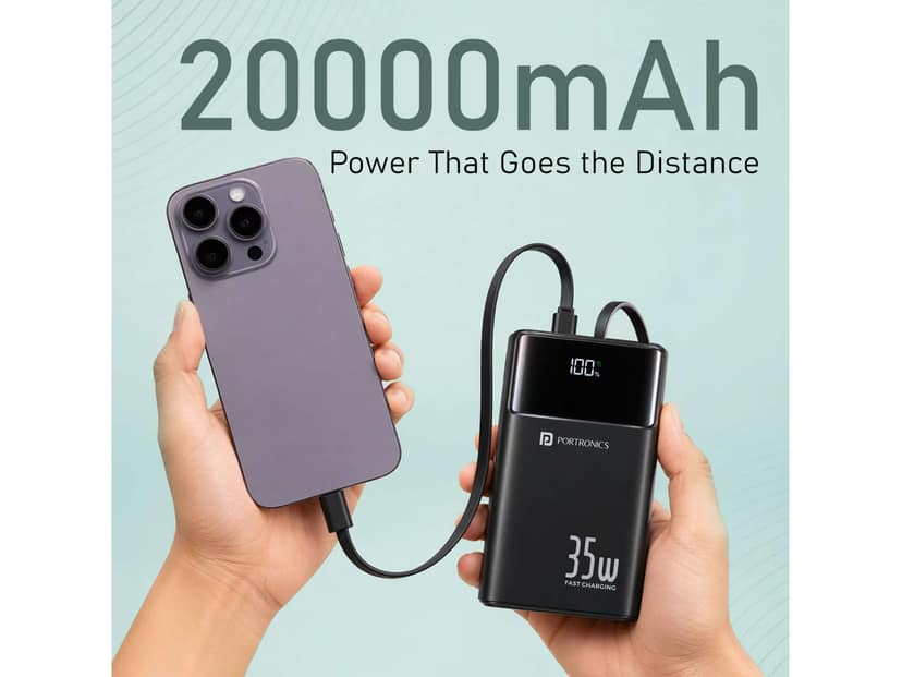 Portronics Titan 35 20000mAh Fast Charging Powerbank with in-Built Type C & 8 Pin Cable, 35W Super Fast Charging, Type C PD Output - Black view 2