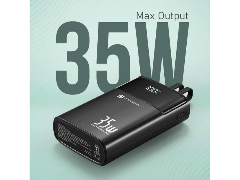 Portronics Titan 35 20000mAh Fast Charging Powerbank with in-Built Type C & 8 Pin Cable, 35W Super Fast Charging, Type C PD Output - Black view 3