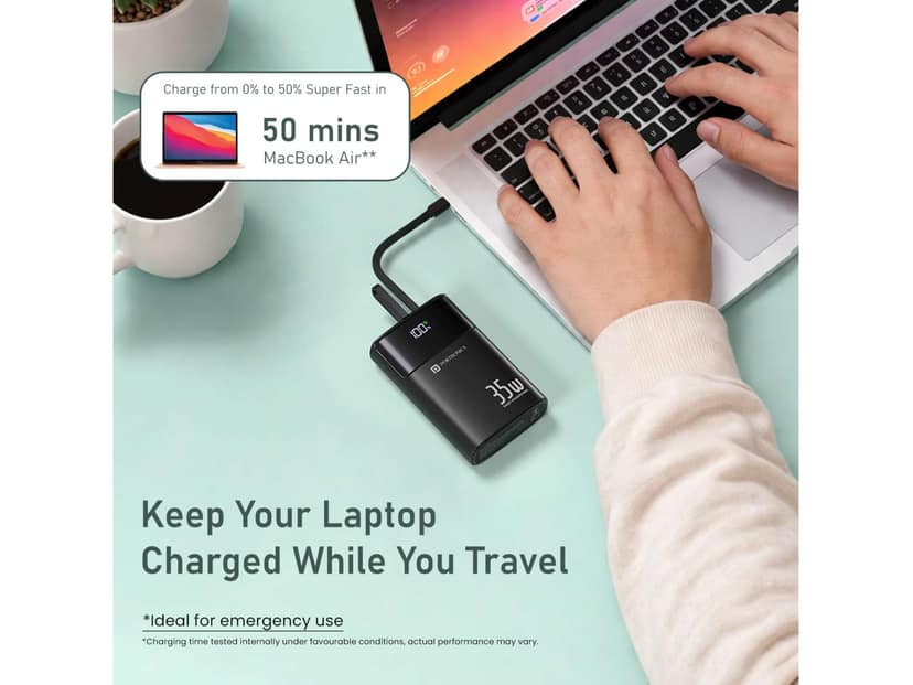 Portronics Titan 35 20000mAh Fast Charging Powerbank with in-Built Type C & 8 Pin Cable, 35W Super Fast Charging, Type C PD Output - Black view 4