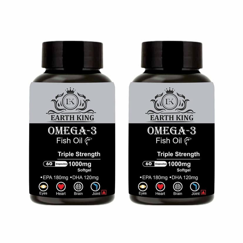 EARTH KING Triple Strength Omega 3 Fish Oil - 1000mg (180 mg EPA & 120 mg DHA) Omega 3 Fish Oil | Fatty Acid | Supports Healthy Heart, Brain, Better Skin, Bones, Joint & Eye Care � 60 Capsules (Pack of 2)