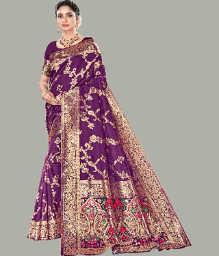 GARIYA Banarasi Silk Embellished Saree With Unstitched Blouse Piece ( Navy Blue )