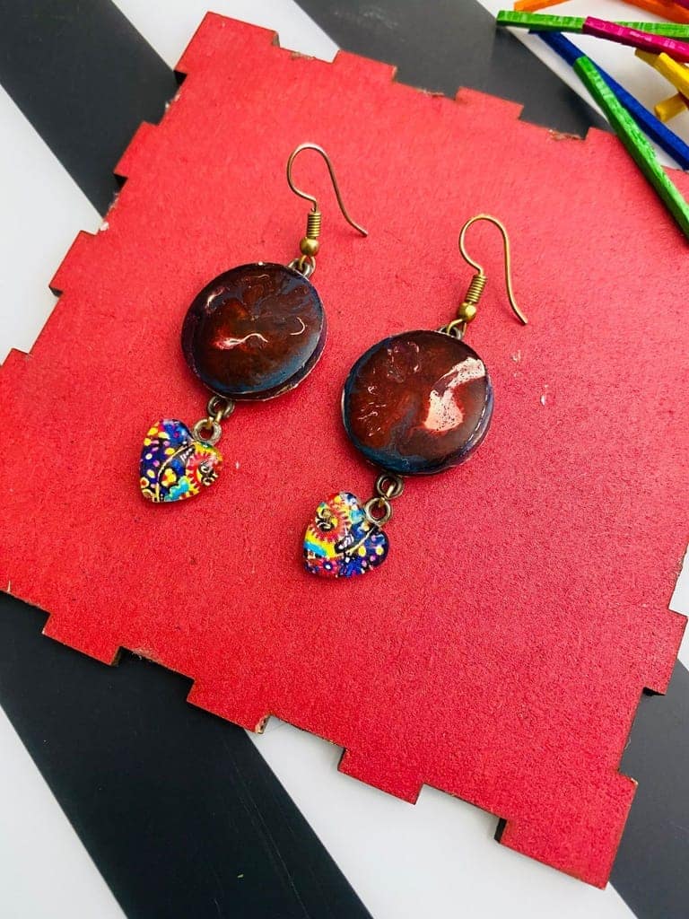 Mix media earrings in resin, glass and wood view 2