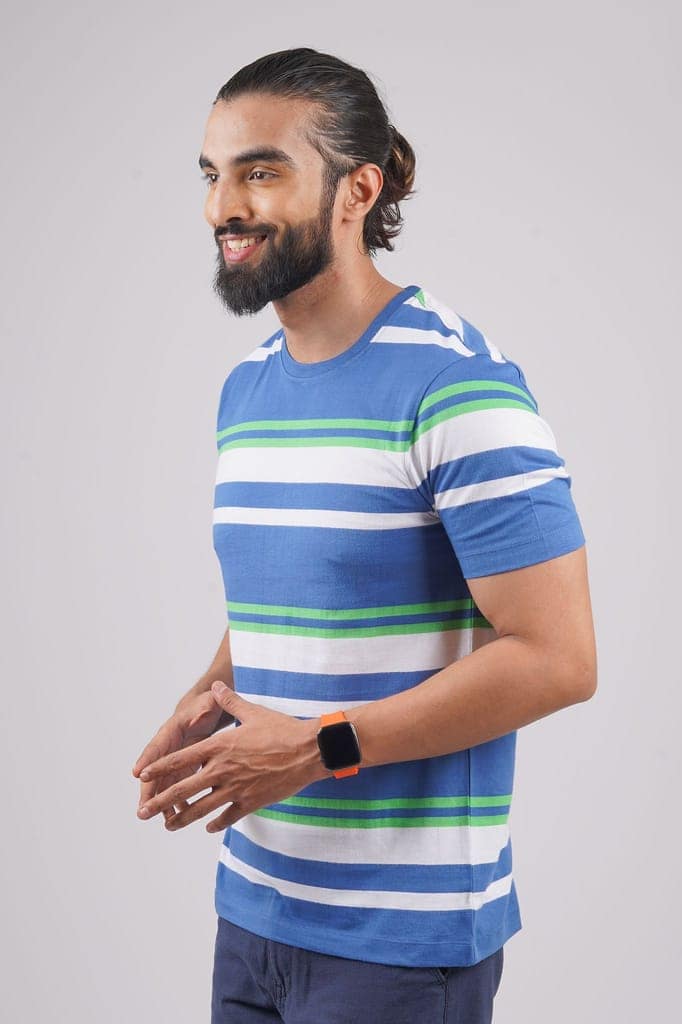 Men's Blue Striped Crew Neck T-Shirt view 2