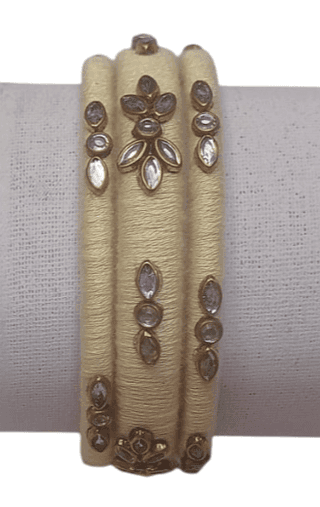 Cream Cotton Thread Bangle Set with Kundan Stones