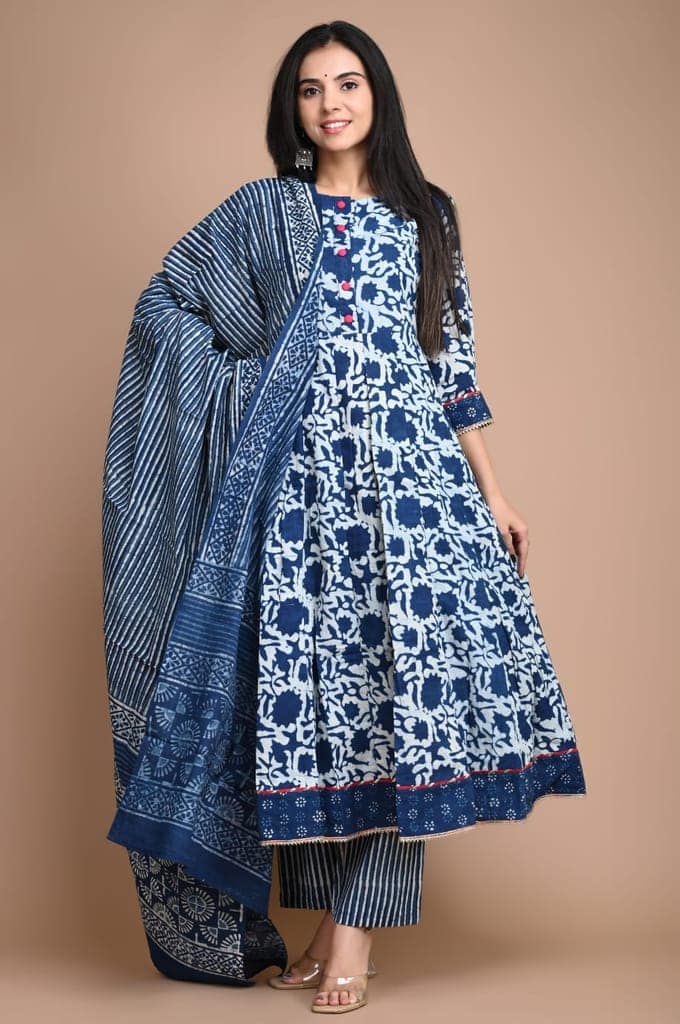 Anarkali Kurti Set Bagru Dabu HandBlock Print Dark Cornflower Blue Color with natural dye and Mulmul Dupatta(Size: 34-48)-5857