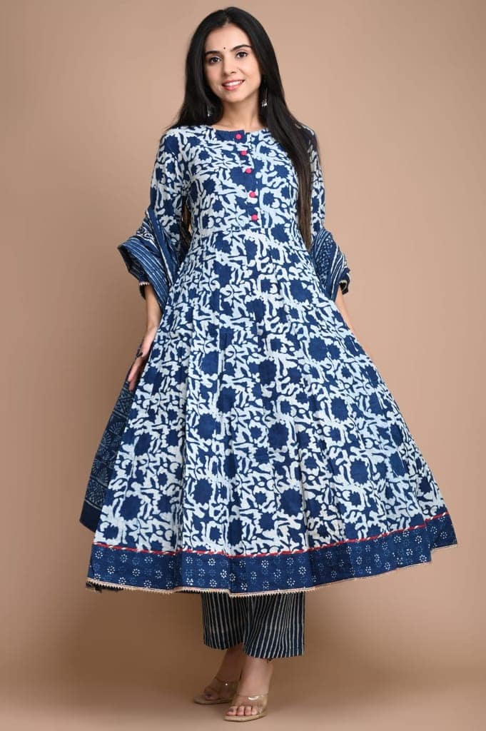 Anarkali Kurti Set Bagru Dabu HandBlock Print Dark Cornflower Blue Color with natural dye and Mulmul Dupatta(Size: 34-48)-5857 view 3