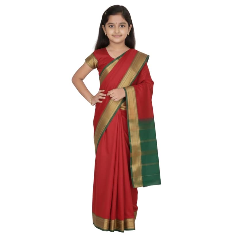 Girls Ethnic Pre-Stitched Belgaon Silk Saree with Golden Zari Border