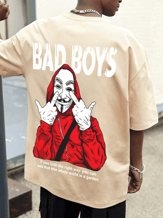 SCOTT FINCHER Men's Oversized "BAD BOY" Graphic Printed T-shirt : AA(ARN)CREAM_117