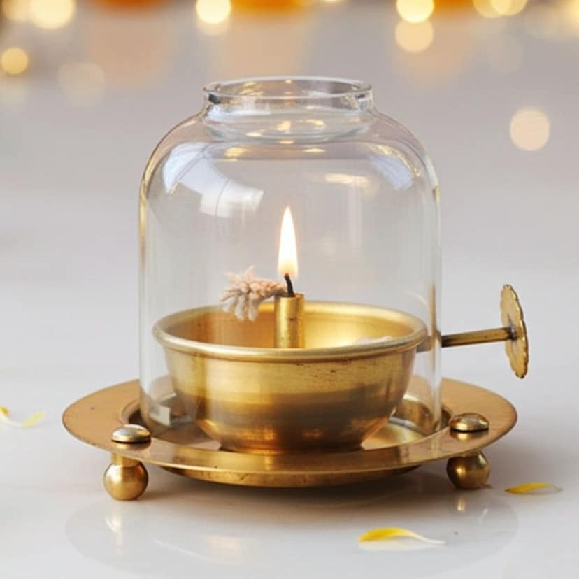 Brass Table Decor Adjustale Wick Oil Lamp Deepak, 50 ML - Devotional Brass Lamp for Home, Height : 3.3 Inch (ZMAS617 C)