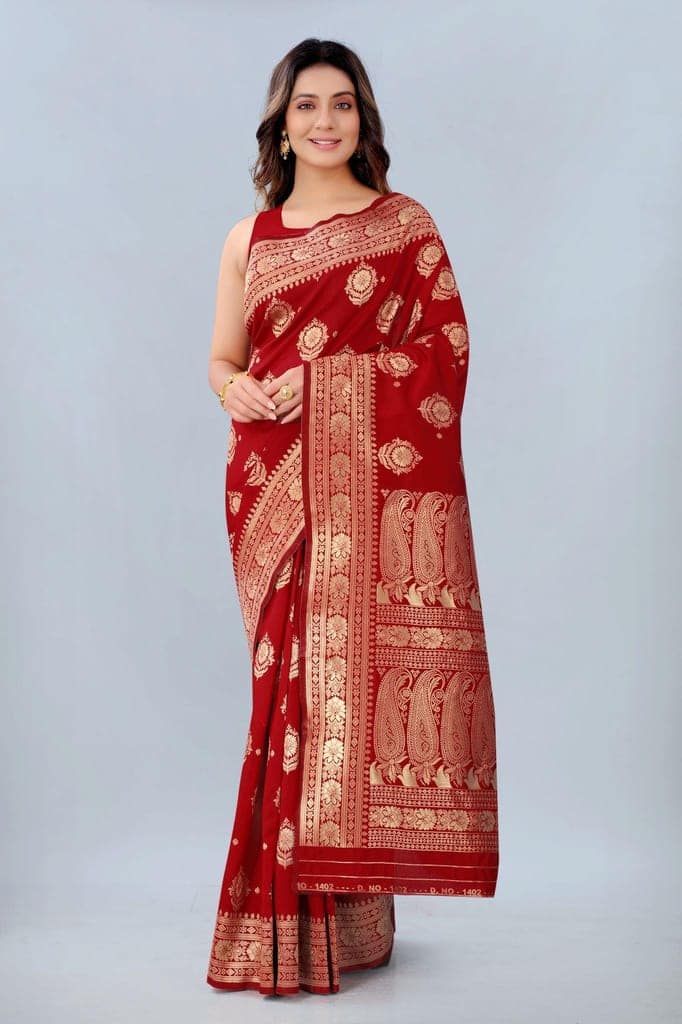 Women's Banarasi Silk Woven Red Saree with Unstitched Blouse Piece