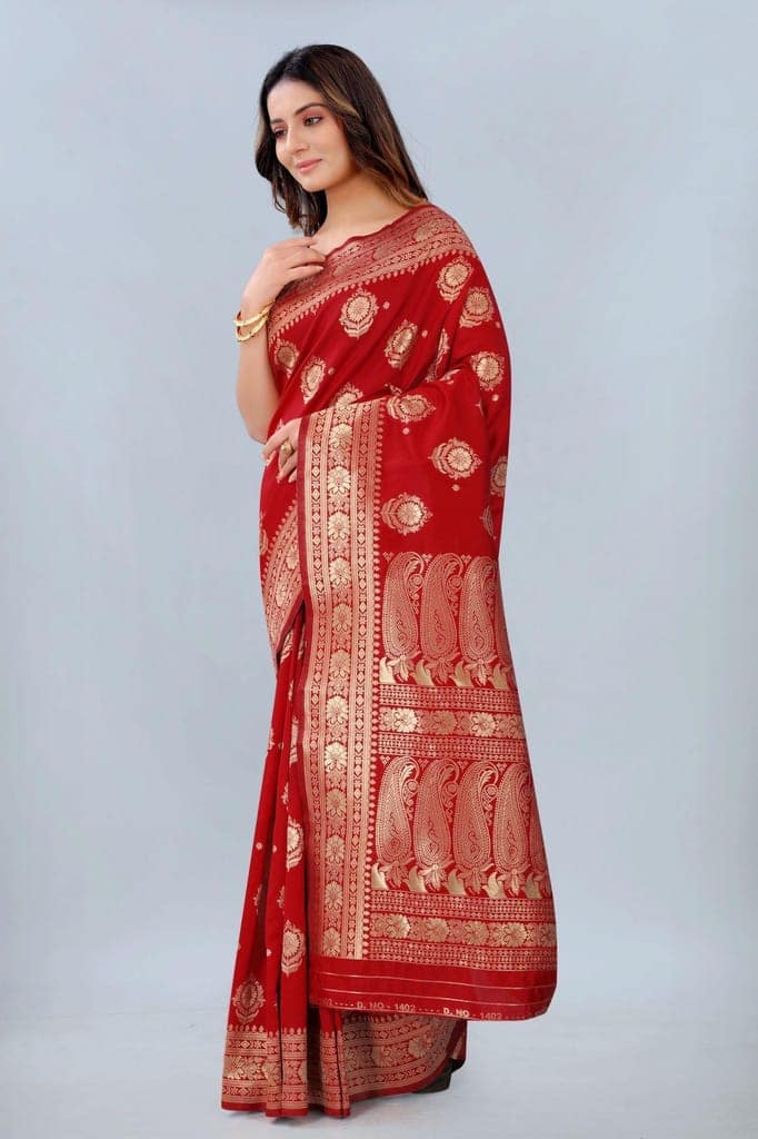 Women's Banarasi Silk Woven Red Saree with Unstitched Blouse Piece view 2
