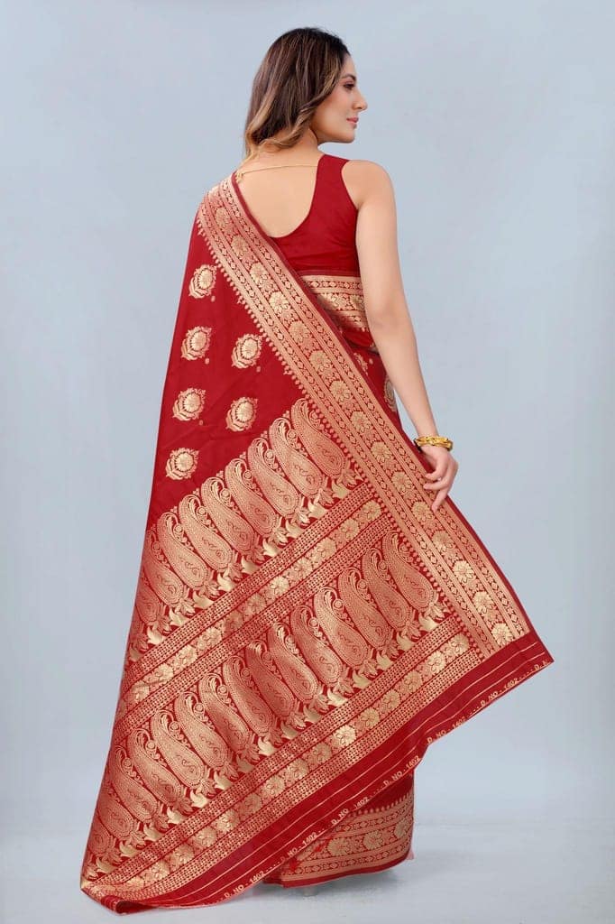 Women's Banarasi Silk Woven Red Saree with Unstitched Blouse Piece view 4