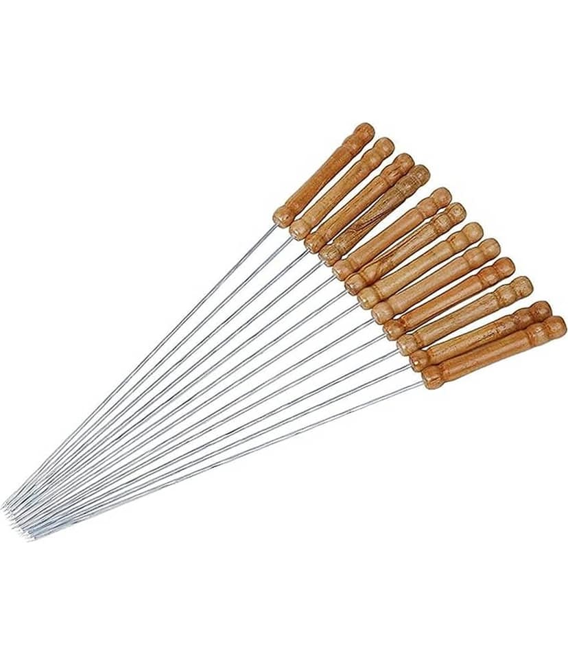 Stainless Steel BBQ Sticks (Pack of12, 12") Flat Kebab Sticks with Cool-Touch Wooden Handles Rust Proof, Reusable Metal BBQ Skewers for Kebabs, Paneer, Veggies & Seafood view 2