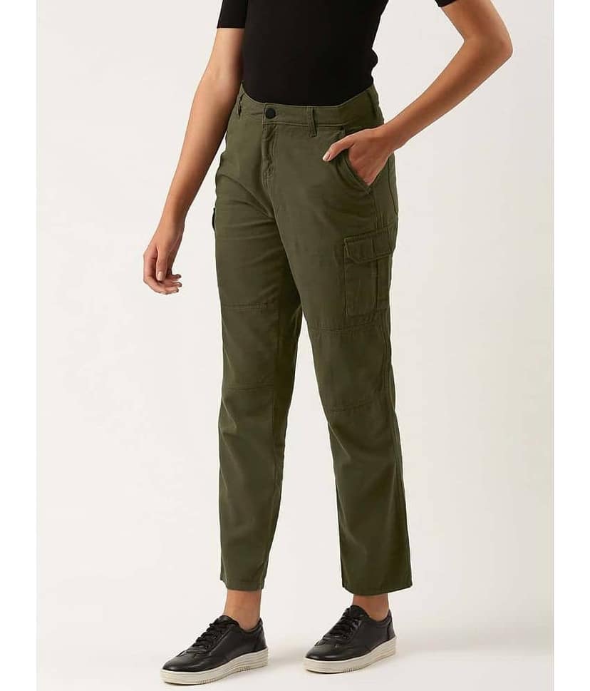 Women Forest Green Slim Fit Solid Cargo Trousers