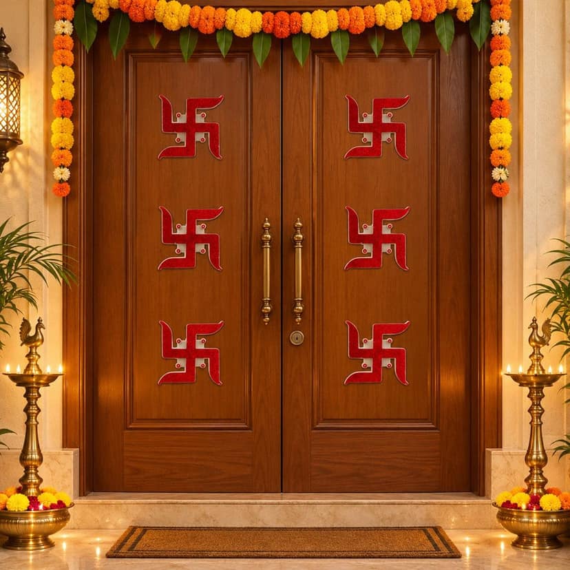 Red Foil Swastik Stickers for Door and Pooja Room Decoration (6 Pc Set) view 2