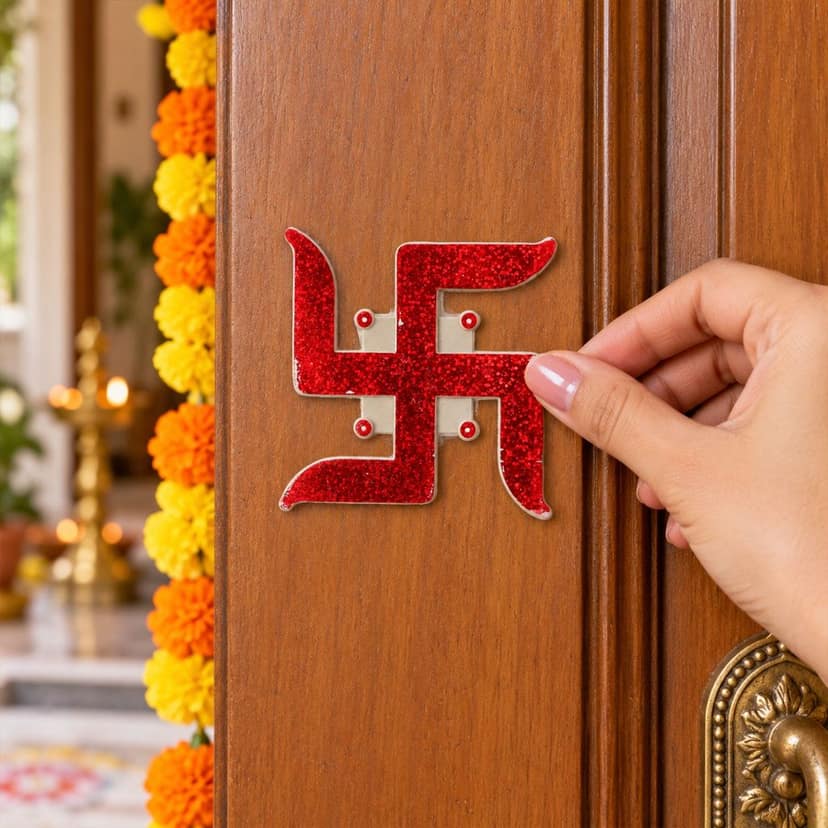 Red Foil Swastik Stickers for Door and Pooja Room Decoration (6 Pc Set) view 3