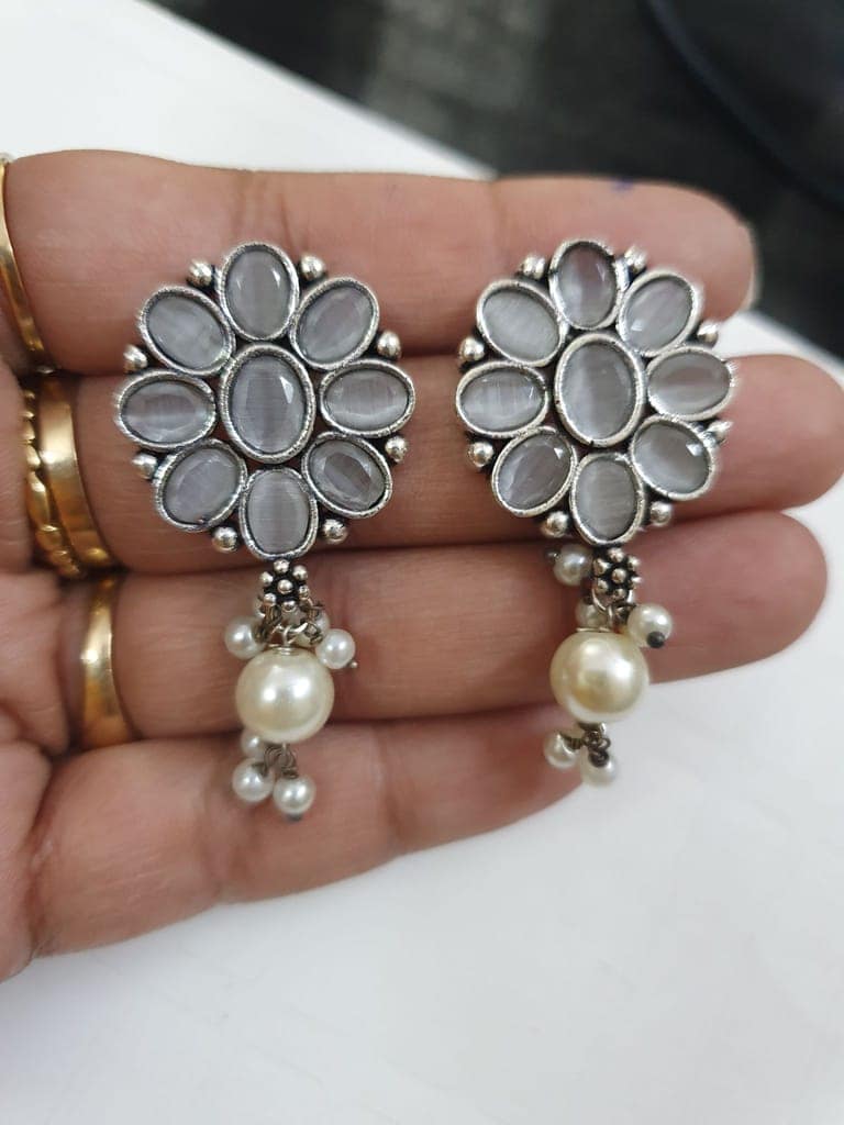German Silver Oxidized Drop Studs Earrings view 2