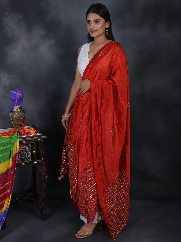 Ribbon-Red Silk Dupatta From Amritsar with Gota Patti, Floral Beads and Velvet Tassels on Edges view 2