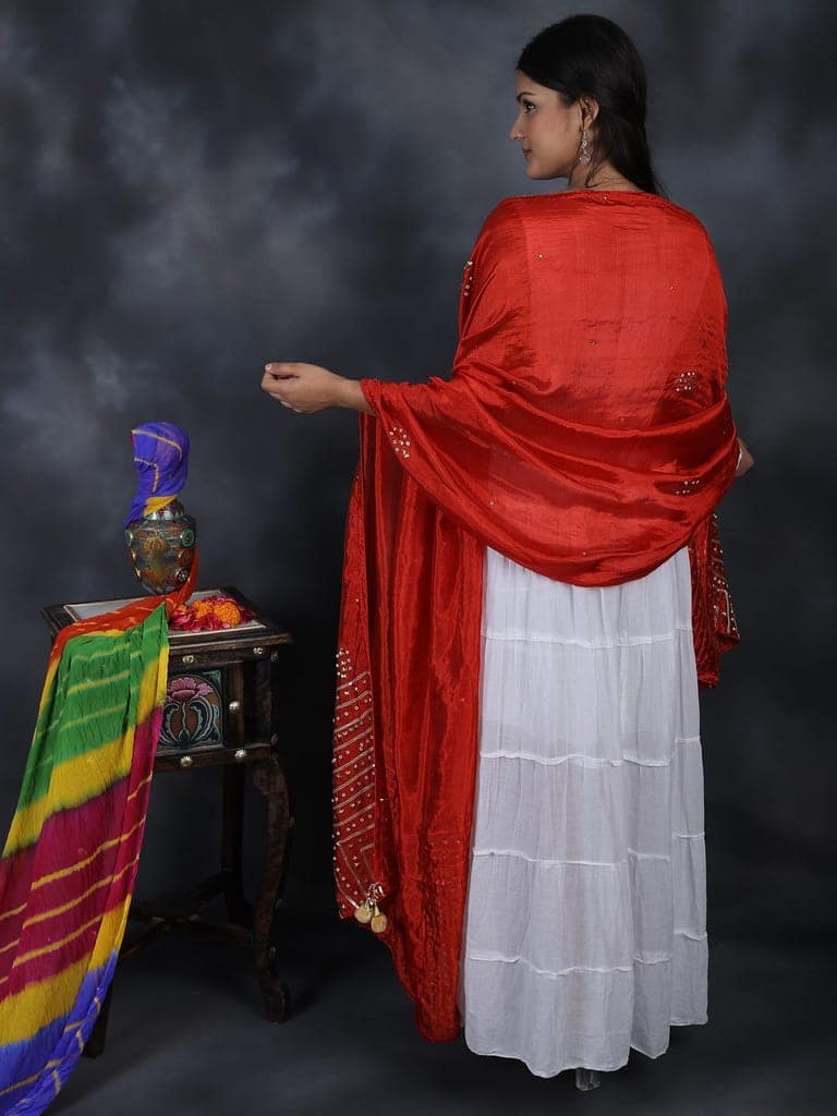 Ribbon-Red Silk Dupatta From Amritsar with Gota Patti, Floral Beads and Velvet Tassels on Edges view 3