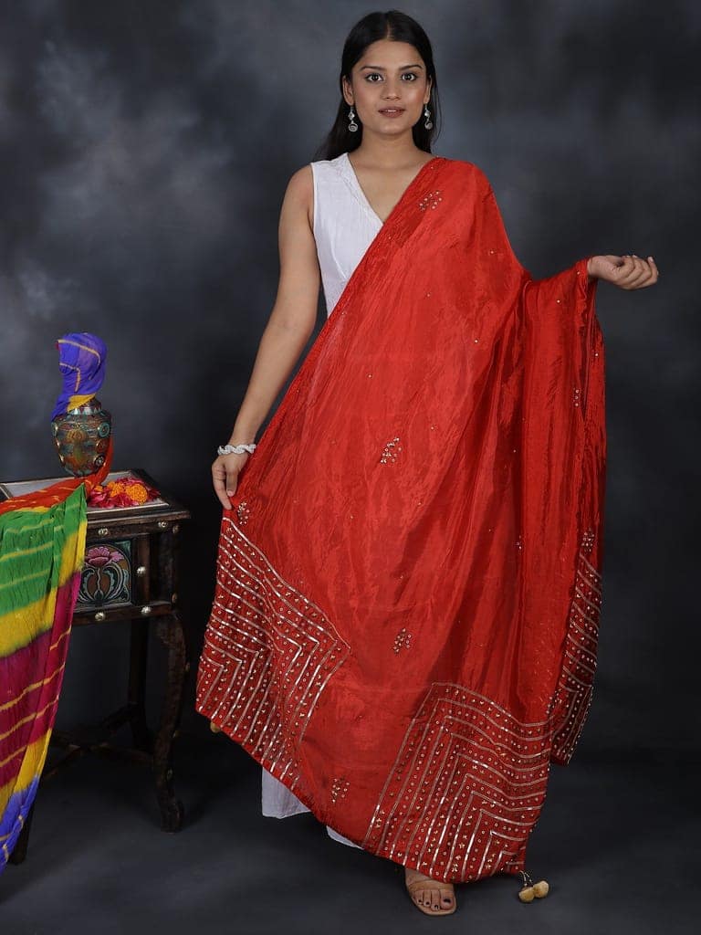 Ribbon-Red Silk Dupatta From Amritsar with Gota Patti, Floral Beads and Velvet Tassels on Edges view 4