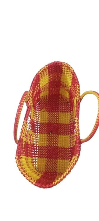 Red and Yellow Handwoven Bag with Pink Flower Accents view 4