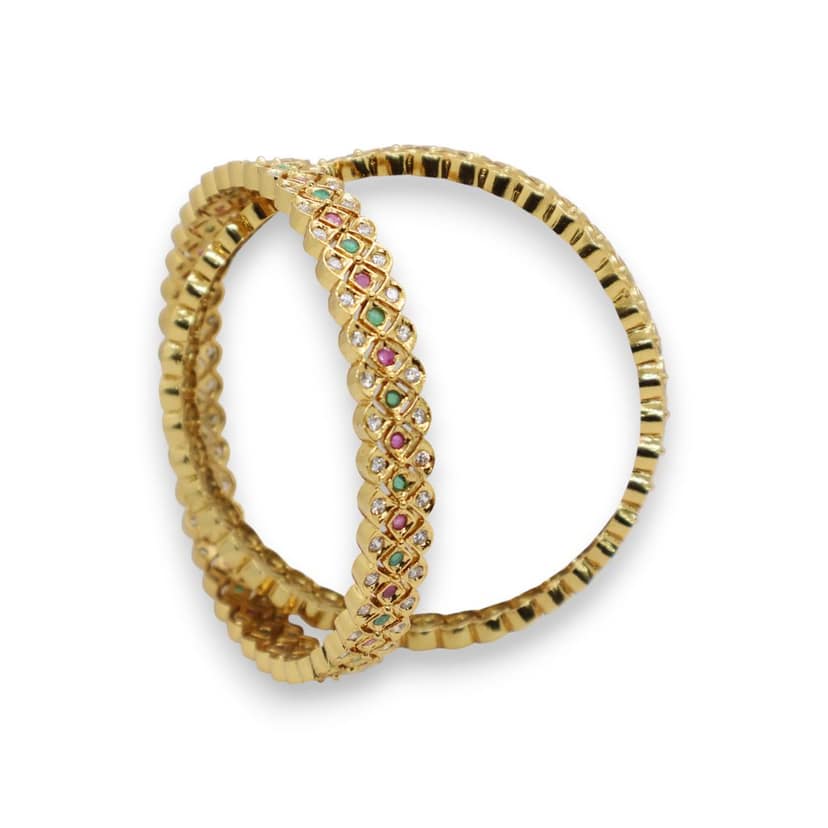 Gold Plated Designer Bangle with CZ, Pink & Green Stones – Traditional Wedding Jewelry view 3