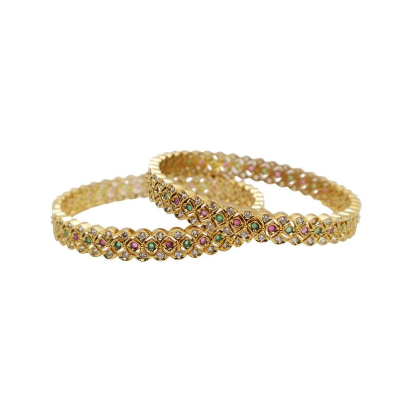 Gold Plated Designer Bangle with CZ, Pink & Green Stones – Traditional Wedding Jewelry view 4