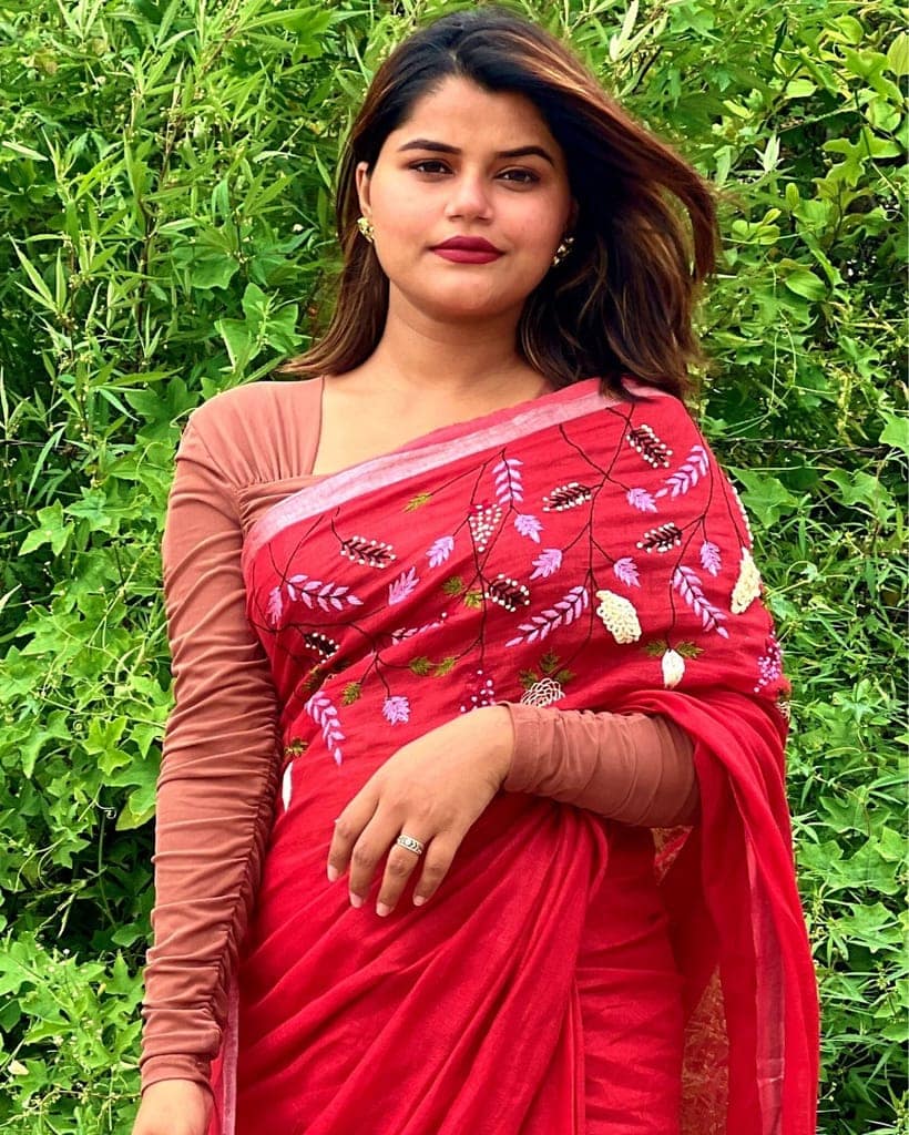 Pure Linen Handloom Saree Dark Pastel Red Color Hand Embroidered with Running Blouse-6125 view 5