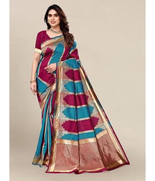Om Shantam Sarees Banarasi Silk Embellished Saree With Unstitched Blouse Piece ( Turquoise )
