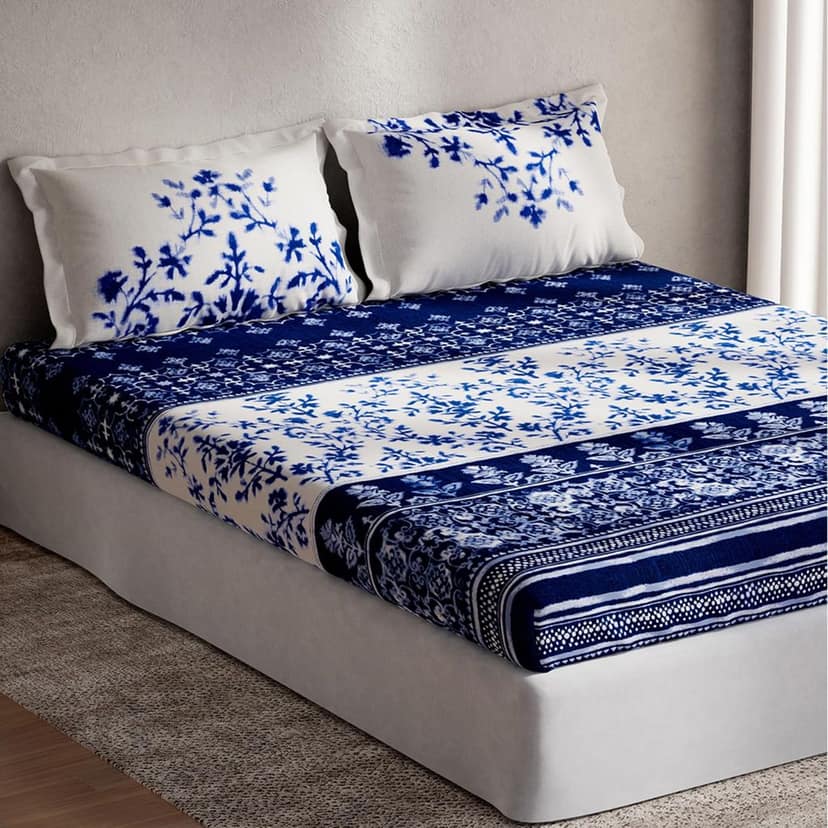 DDECOR - Utsav Collection 100% Cotton Ethnic Pattern 145TC King Bedsheet |254 CM X 274 CM| Blue view 2