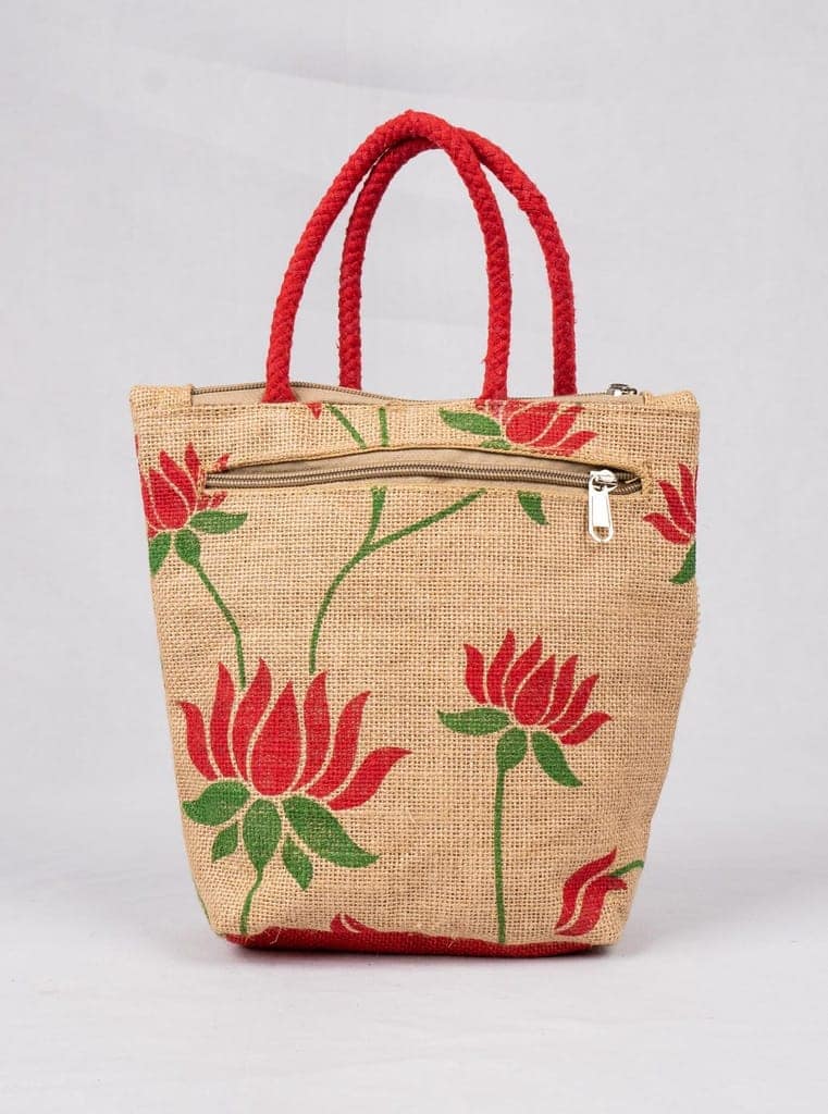 **Jute tote bag with red lotus flower print** view 5