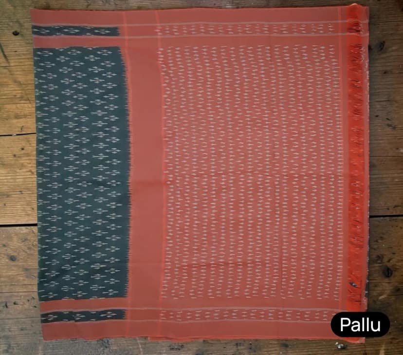 Teal Green Pochampally Ikat Cotton Saree with Temple Border view 4