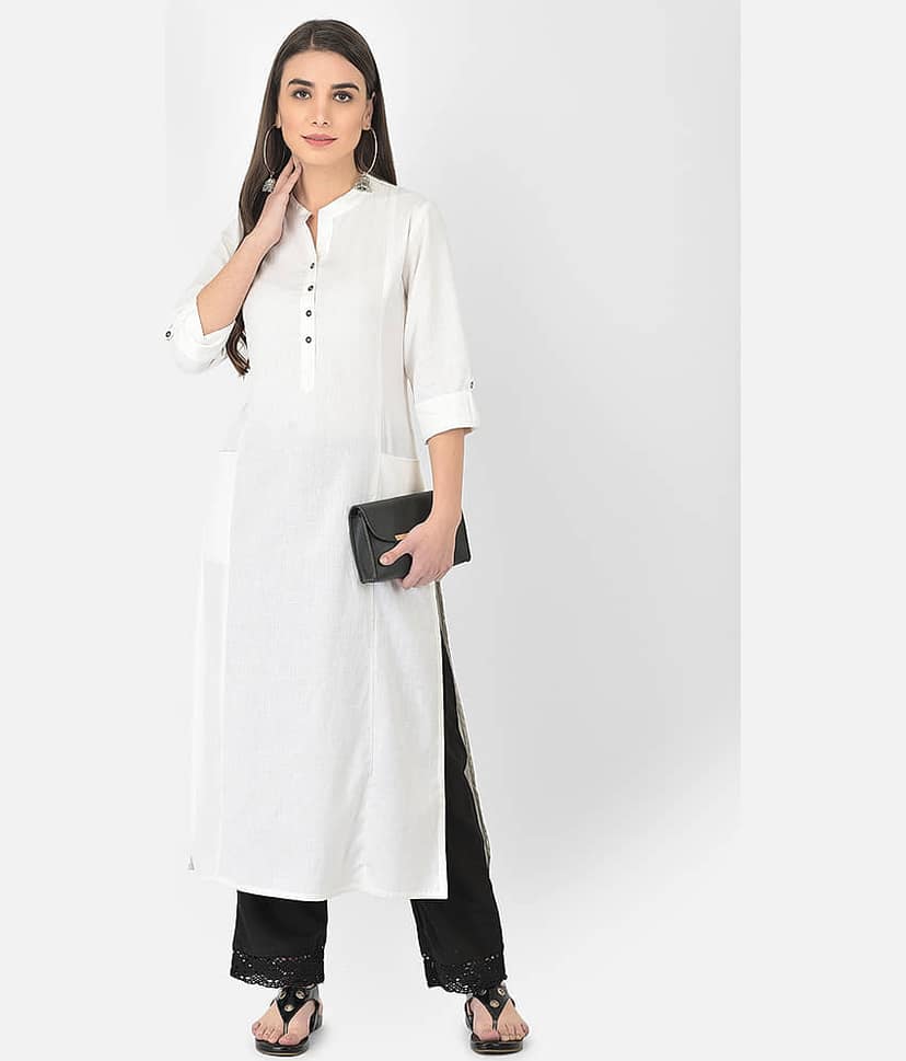 Pistaa - White Cotton Blend Women's Straight Kurti ( Pack of 1 )