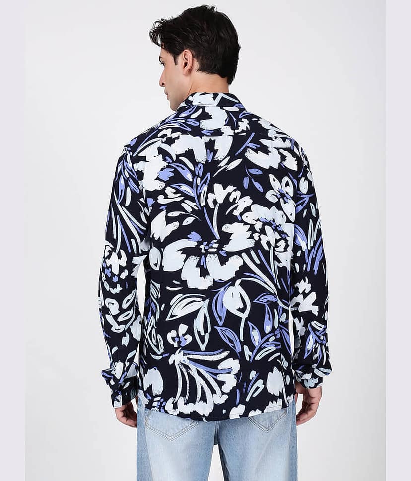 Bene Kleed Silk Slim Fit Printed Full Sleeves Men's Casual Shirt - Navy Blue ( Pack of 1 ) view 4