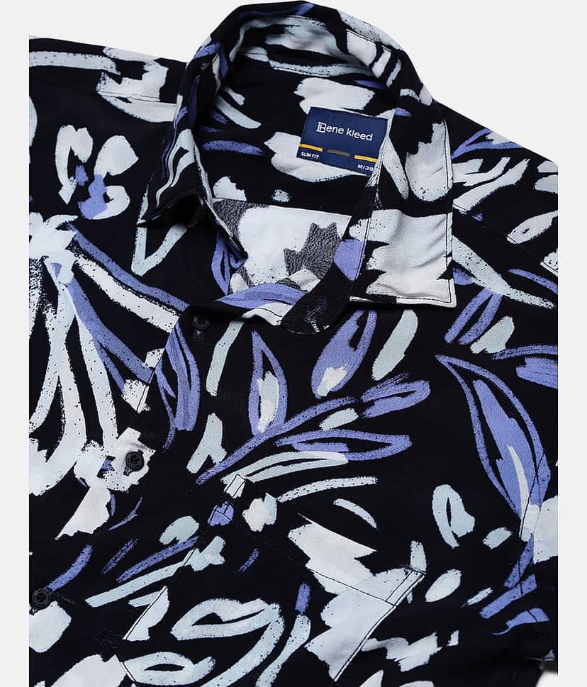 Bene Kleed Silk Slim Fit Printed Full Sleeves Men's Casual Shirt - Navy Blue ( Pack of 1 ) view 7
