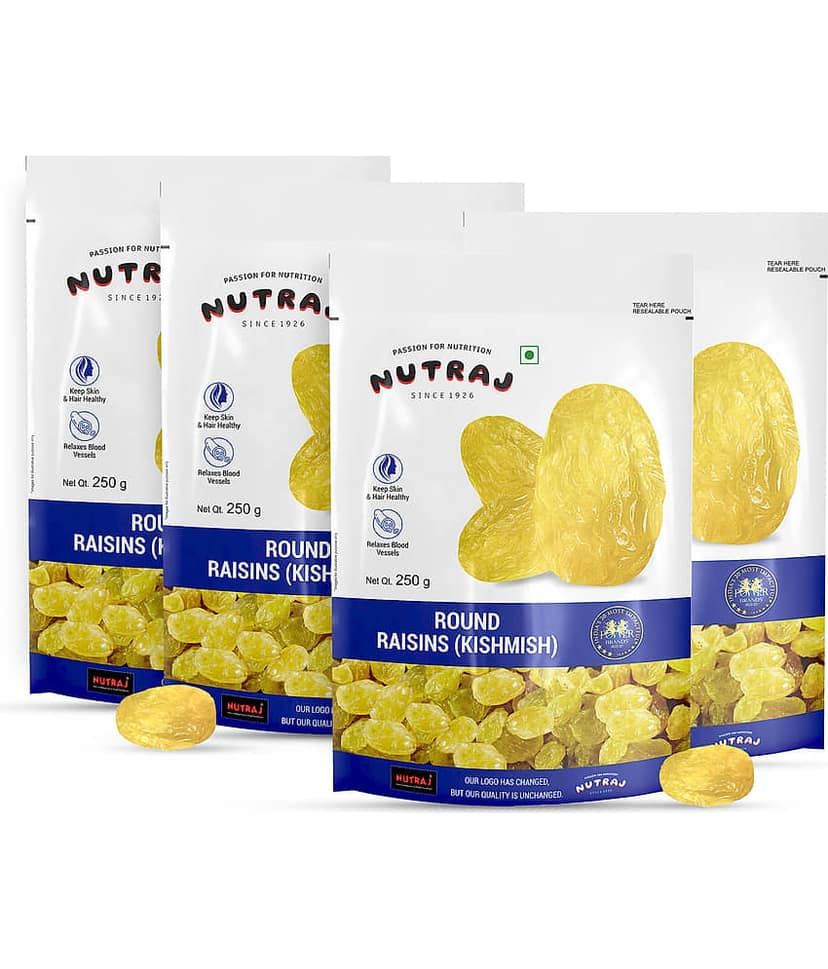 Nutraj Round Raisins 1 Kg (250g X 4), Kishmish 1 Kg, Seedless Green Kishmish