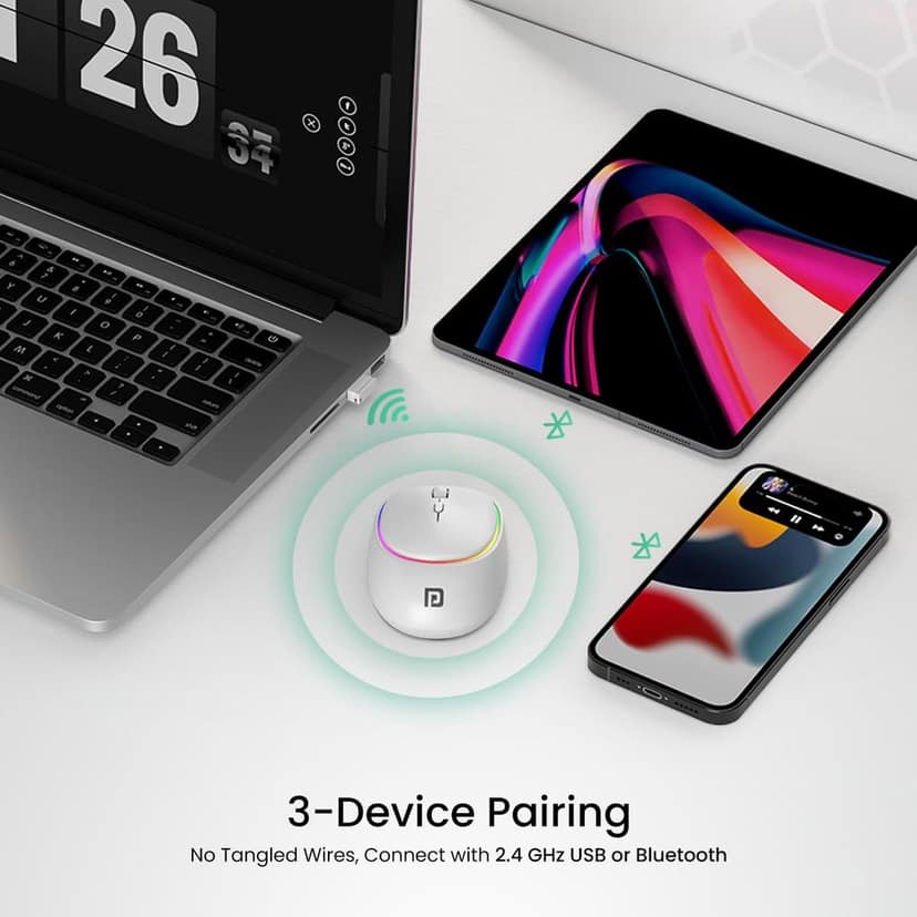 Portronics Toad IV Bluetooth Mouse with 2.4 GHz Wireless (Dual Connectivity), Rechargeable, Connect up to 3 Devices, RGB Lights, Adjustable Optical DPI, for Laptop, PC, Tablet, Smartphone (White) view 3