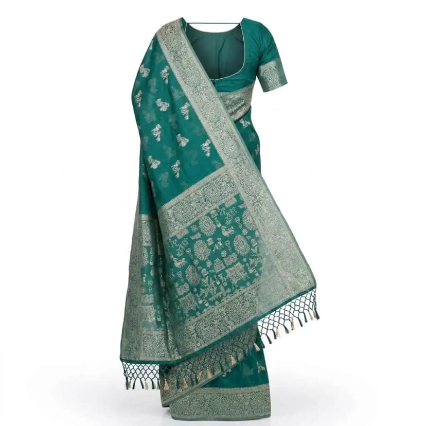 Green Printed Odisha Handloom Saree | Ethnic Woven Cotton view 2