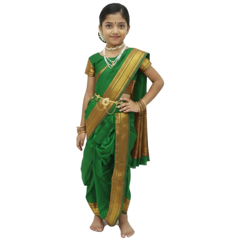 Mom and Me Peshwai Nauwari Saree for Kids (1–10 Years) Ready to Wear Maharashtrian Traditional Dress | Belgaon Silk with Cotton Lining | Stitched Blouse Included (Green, 8-9 Years)