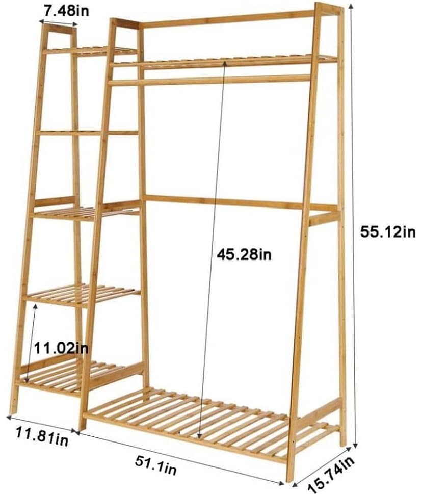 House of Quirk Bamboo Wood Garment Rack Clothing Rack with 5 Tiers Storage Shelf Corner Clothes Hanging Rack (Ladder Design)(130cm Width) view 2