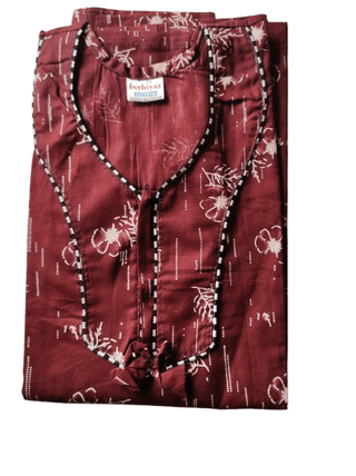 Women's Cotton Long Nighty/Maxi With Printed Design And Piping Detailing