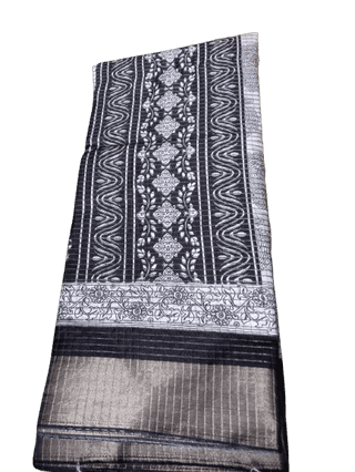 Black and White Ikat Saree with Silver Zari Border