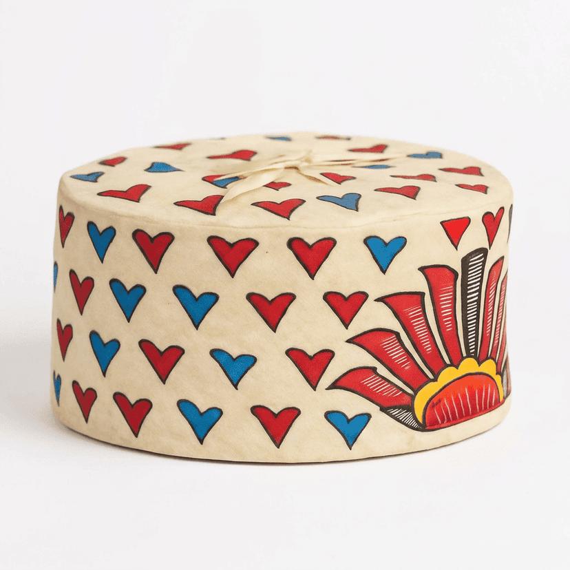 [Pack of 2] Handcrafted Decorative Hat Box – Red & Blue Heart Pattern with Sunburst Design
