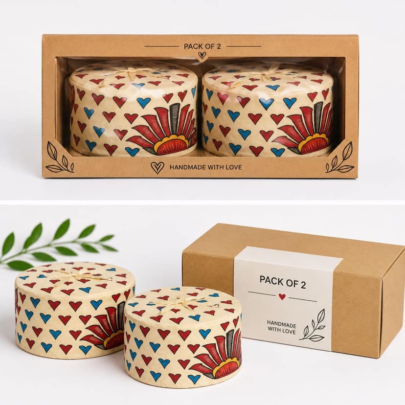 [Pack of 2] Handcrafted Decorative Hat Box – Red & Blue Heart Pattern with Sunburst Design view 4