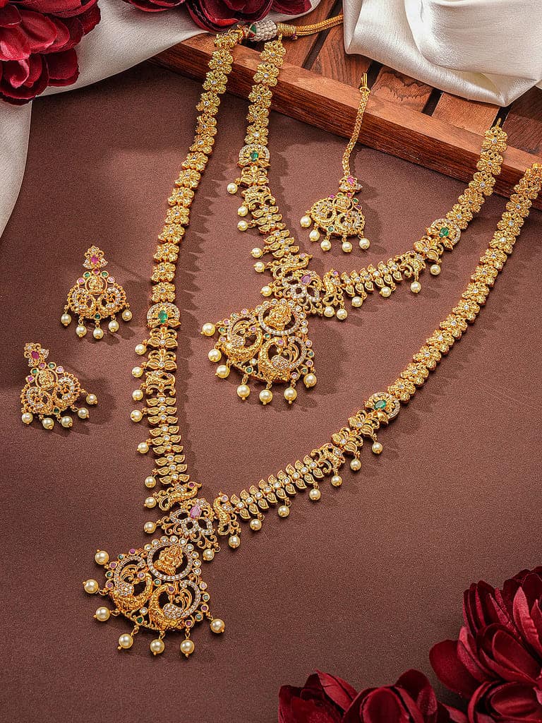 Combo Gold Plated White AD & Pearl Studded Temple Lakshmiji Bridal Jewellery Set